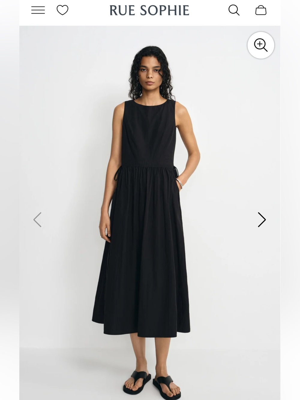 Sophie Rue Black Sleeveless Midi Dress with Gathered Waist